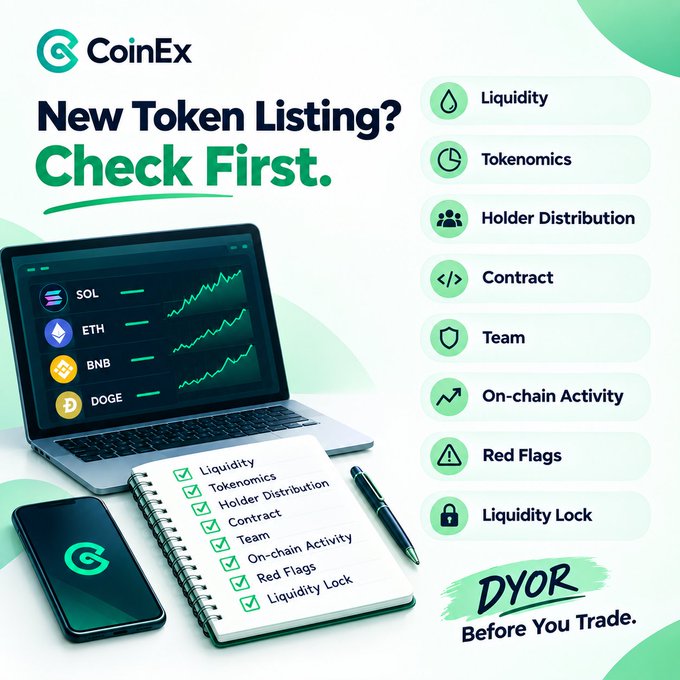A CoinEx cryptocurrency advertisement promoting 'New Token Listing? Check First.' with a checklist including Liquidity, Tokenomics, Holder Distribution, Contract, Team, On-chain Activity, Red Flags, and Liquidity Lock, alongside laptop and phone showing SOL, ETH, BNB, and DOGE.