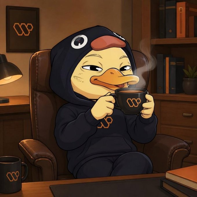 The image features a cartoon duck sitting comfortably in an office chair with a desk nearby. The duck has a cup of coffee in its beak and appears to be enjoying a moment of relaxation or contemplation, possibly sipping from the cup while looking at the camera. The scene is set against a backdrop of bookshelves filled with various books, suggesting that this could be a workspace or study area within an office environment.