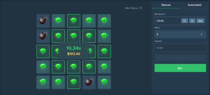 A mines gambling game interface showing a 5x5 grid with revealed gems, a 10.34x multiplier worth $103.40, and betting controls on the right side.