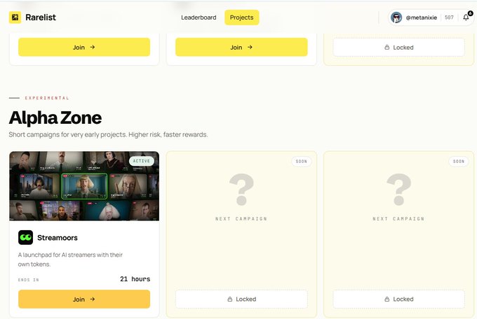A Rarelist platform interface showing the 'Alpha Zone' experimental section, featuring an active 'Streamoors' campaign ('A launchpad for AI streamers with their own tokens', 21 hours left) and two locked upcoming campaigns.