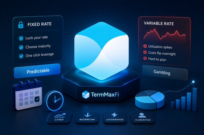 A promotional graphic for 'TermMaxFi' comparing 'FIXED RATE' (Predictable) and 'VARIABLE RATE' (Gambling) features, with icons for LEND, BORROW, LEVERAGE, and CURATED at the bottom.