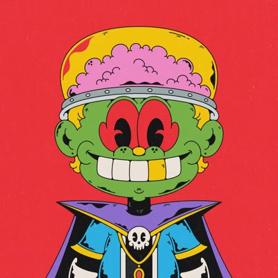 A cartoon illustration of a green-skinned zombie character with an exposed pink brain wearing a yellow helmet, smiling widely to reveal a gold tooth.