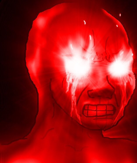 A dark, red-toned digital drawing of a screaming face with intensely glowing white eyes and blood-like tears.