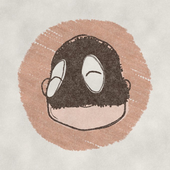 A simple watercolor and ink illustration of a smiling character with a dark, rounded head and large oval eyes.