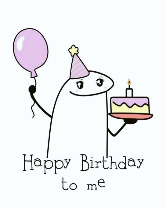 A simple illustration shows a white smiling character wearing a party hat, holding a purple balloon and a small birthday cake, with the text 'Happy Birthday to me'.