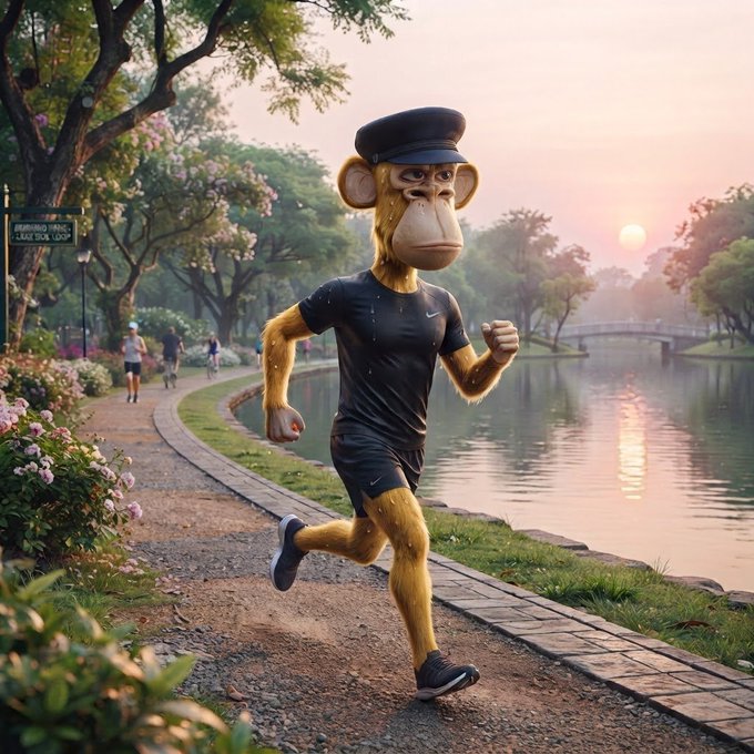A photorealistic image of a monkey character wearing a black cap and athletic wear, jogging along a tree-lined lakeside path at sunset.