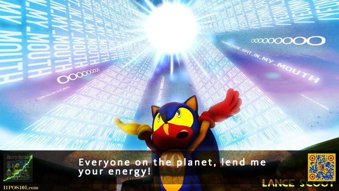 An image showing a Sonic fan character surrounded by repeating text reading "SHIT IN MY MOUTH," with the caption "Everyone on the planet, lend me your energy!" at the bottom.