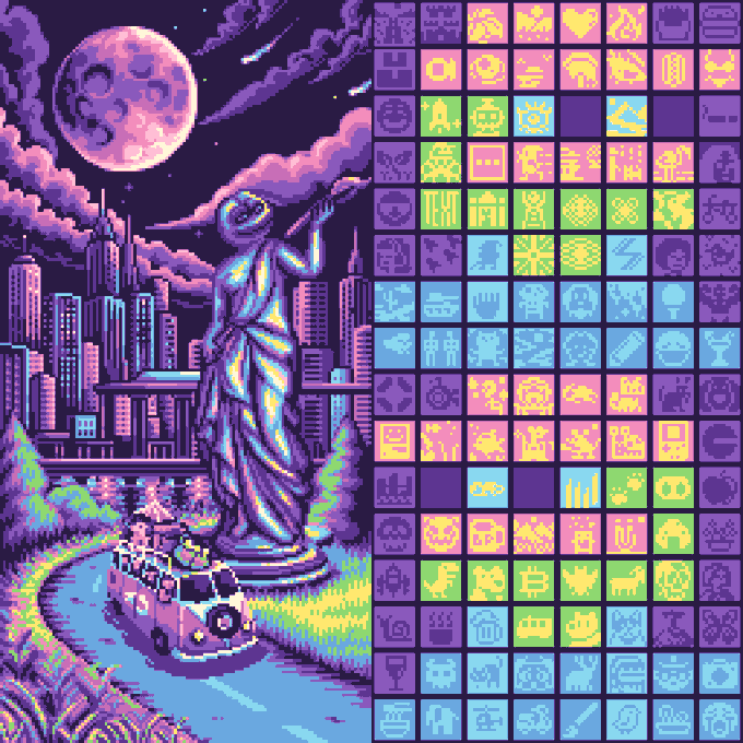 Pixel art divided into two sections: the left shows a statue overlooking a nighttime cityscape with a van, and the right displays a colorful grid of various icons and symbols.