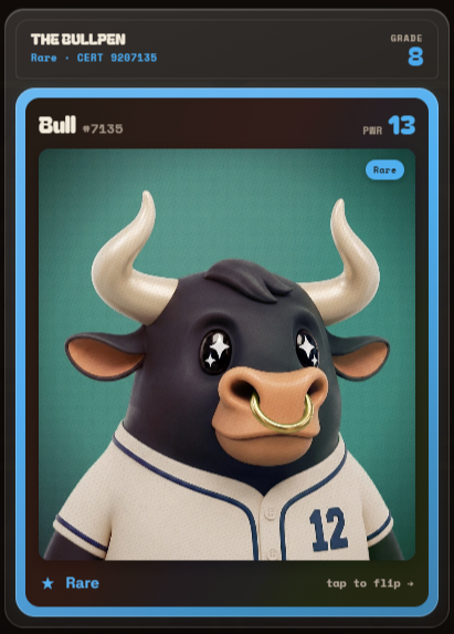 A digital trading card titled 'THE BULLPEN' featuring a 3D cartoon bull with a nose ring wearing a baseball jersey with the number 12, marked as Rare with a PBR of 13 and Grade 8.