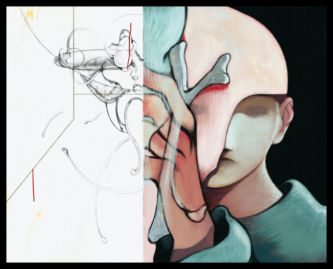 A split-image artwork showing pencil sketches of a figure on the left transitioning into a fully painted, surreal portrait of a man with abstract anatomical features on the right.