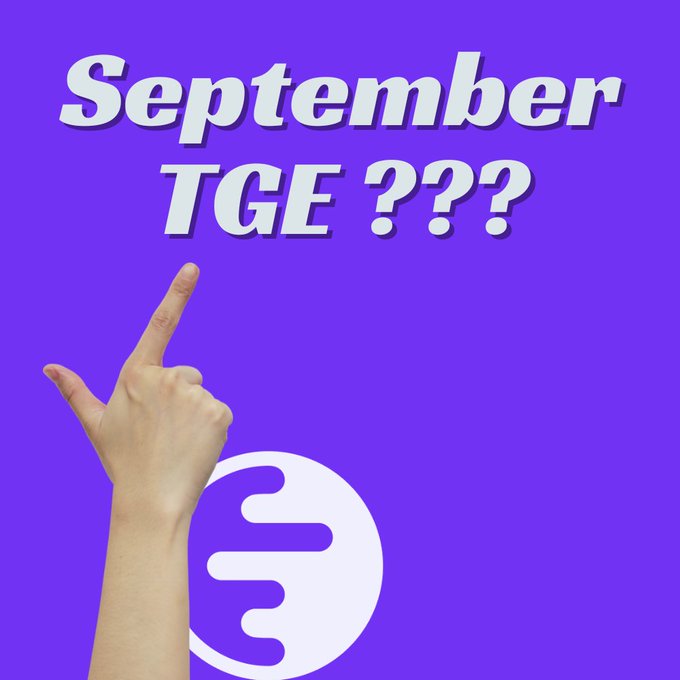 A graphic on a purple background reads "September TGE ???" with a hand pointing upward and the logo for the Sui (S) blockchain at the bottom.