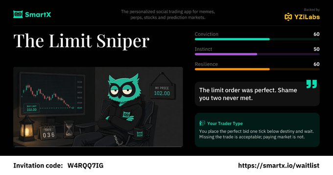 A screenshot of a webpage for the 'SmartX' social trading app featuring 'The Limit Sniper' trader type, displaying stats for Conviction (60), Instinct (50), and Resilience (60), along with an invitation code.