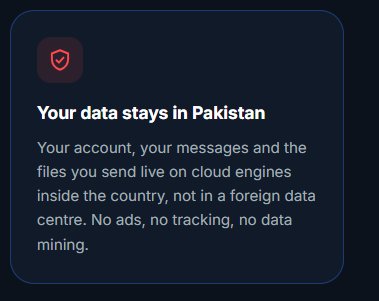A dark-themed graphic with a red shield icon and white text reading 'Your data stays in Pakistan' and explaining that account data is stored on cloud engines inside the country with no ads, tracking, or data mining.
