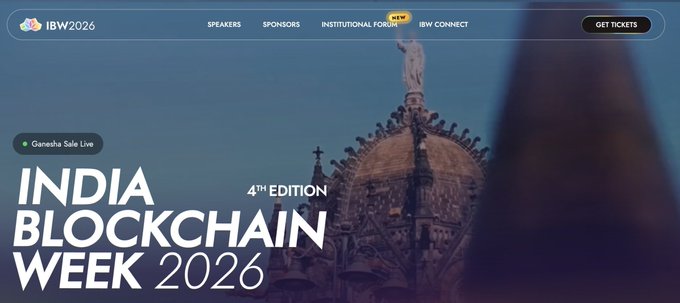 A promotional banner for 'INDIA BLOCKCHAIN WEEK 2026' (4th Edition) features the IBW2026 logo, navigation links including 'SPEAKERS' and 'SPONSORS', a 'Ganesha Sale Live' tag, and a 'GET TICKETS' button against a backdrop of the Gateway of India.