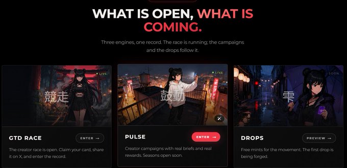 The image showcases a promotional webpage titled "WHAT IS OPEN, WHAT IS COMING" featuring three campaign sections labeled "GTD RACE" (LIVE), "PULSE" (LIVE), and "DROPS" (SOON), each highlighting different phases of the Eight Rise NFT project. This connects to the Hazels NFT whitelist giveaway by promoting the "DROPS" section as "free mints for the movement," aligning with the 10x Hazels WL Giveaway of 5,555 Hazels NFTs being distributed.
