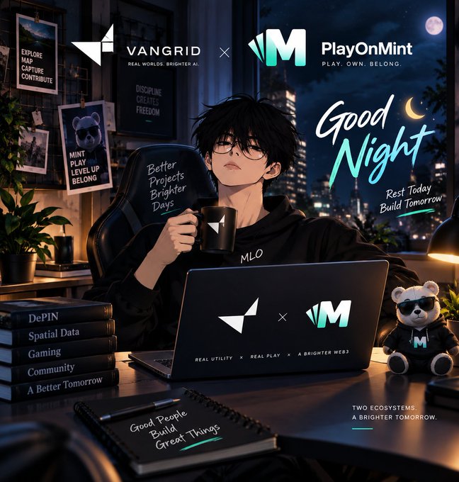 A promotional graphic titled 'Good Night' featuring the VANGRID × PlayOnMint collaboration, showing an anime-style character with glasses at a laptop, surrounded by DePIN and Web3 messaging including 'Real Utility × Real Play × A Brighter Web3'.