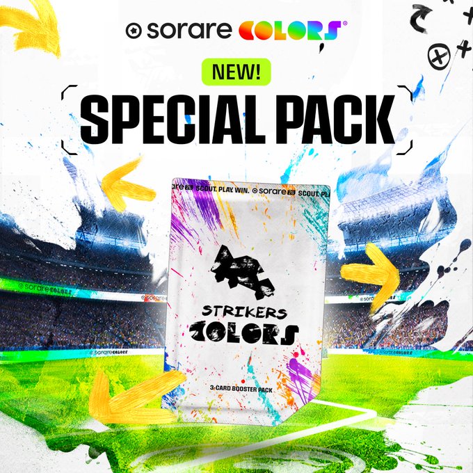 A promotional graphic for Sorare COLORS announces a "NEW! SPECIAL PACK" featuring a "STRIKERS COLORS 3-CARD BOOSTER PACK," set against a vibrant, paint-splattered soccer stadium background, aligning with the post's announcement of a limited-edition 500-pack Strikers Star/Icon release.