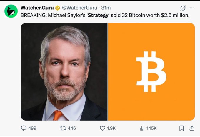 The image features a man with a beard wearing a suit and tie, who appears to be a businessman or politician. The background of the image is black, making him stand out against it. In the center of the image, there's an orange square that says "BTC" in white letters. This square is positioned above the man's head, creating a visual connection between his face and the text. The caption below the image reads: "Sao a kêu không bán ra số lượng tuy rất nhỏ nhưng có thể mang đến hiệu ứng panic sell đến có thị trường." The caption is written in white text, and the man's face is clearly visible.