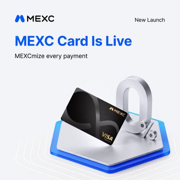 The image is a promotional graphic announcing the launch of the MEXC Card, featuring the MEXC logo and the headline "MEXC Card Is Live" with the tagline "MEXCcize every payment." It displays a sleek black Visa credit card resting on a blue-lit platform, visually reinforcing the post's announcement of swipe-based spending with up to 10% cashback, 7% APR, and zero transaction or FX fees.