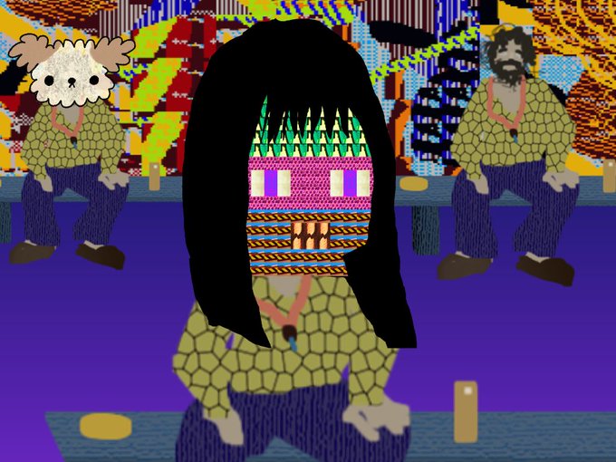 A pixel-art style digital artwork featuring three figures with honeycomb-patterned shirts seated at what appears to be a counter or table, with the central figure displaying a colorful mask-like face with sharp teeth, set against a chaotic, glitchy multicolored background, illustrating the "mederu de chill" collaborative NFT piece.
