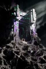 A dark, futuristic digital illustration of a towering mechanical structure glowing with purple and teal lights amid rocky terrain.