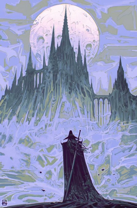 A lone, cloaked figure with a sword stands before a towering, gothic castle silhouetted against a massive pale moon, evoking the dark fantasy atmosphere of *Vampire Hunter D*. The artwork's moody blue palette and ominous silhouette align with the post's promotion of this original piece available on SuperRare for a 0.2 ETH reserve.