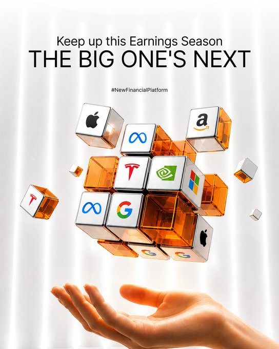 The image shows a promotional graphic featuring translucent orange cubes displaying logos of major tech companies (Apple, Amazon, Google, Microsoft, Meta, NVIDIA, and Tesla) floating above an outstretched hand, with the headline "Keep up this Earnings Season - THE BIG ONE'S NEXT" and the hashtag "#NewFinancialPlatform." This visually represents the upcoming earnings reports of major tech stocks like NVDA, AAPL, GOOGL, and MSFT that Bybit is promoting as trading opportunities.