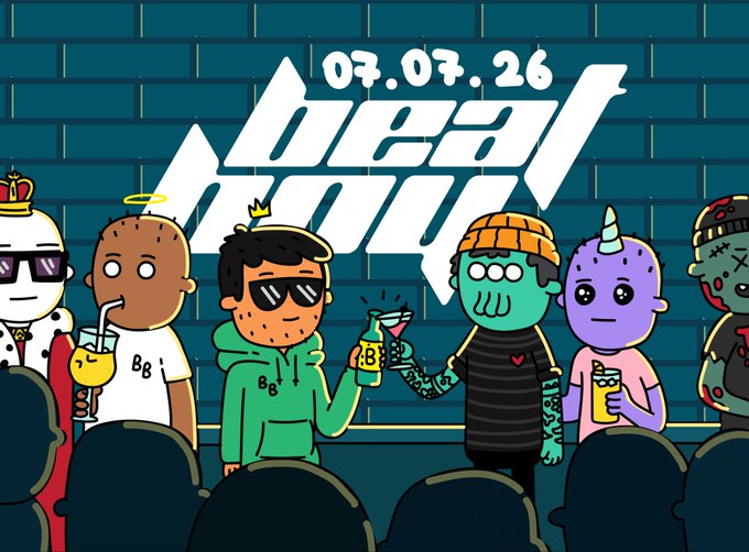 An illustration of NFT-style cartoon characters including figures with crowns, halos, unicorns, and drinks, set against a brick wall with '07.07.26' and a 'REAL HOURS' graffiti logo.