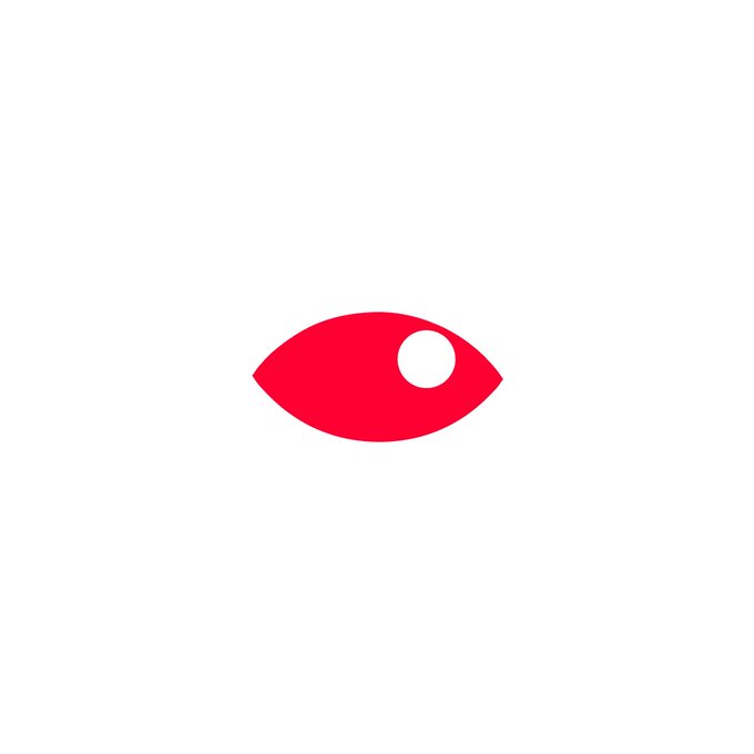 A stylized red eye icon with a white circular pupil, centered on a white background.