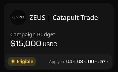 A campaign card showing a "ZEUS | Catapult Trade" project with a $15,000 USDC budget, marked as "Eligible" with a 4-day, 3-hour application countdown. The image relates to the Wallchain Creator Campaign announcement by displaying a specific eligible campaign opportunity that creators can apply for before the deadline.