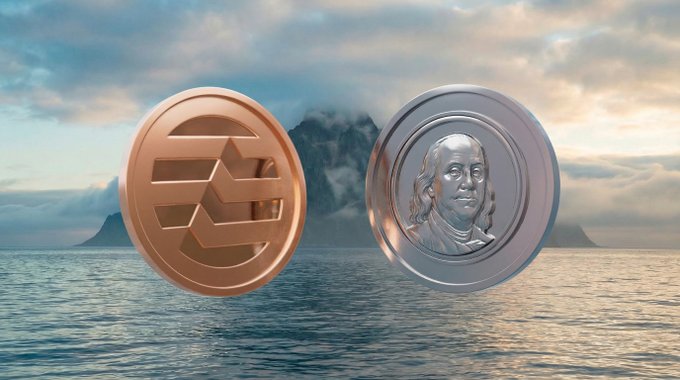 Two cryptocurrency coins (one copper-colored Appecoin and one silver coin featuring Benjamin Franklin's portrait) floating over an ocean landscape with mountains and a cloudy sky.
