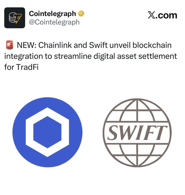 The image features a post on social media, possibly a Twitter post or a Facebook status update, discussing the integration of blockchain technology into the financial services industry. The post includes two logos - one for "Swift" cryptocurrency and another for "Bullish for $LINK only". These logos are positioned side by side in the image, with the "Swift" logo being slightly larger than the other. The text on the post mentions that this integration is aimed at streamlining digital asset settlements and suggests a new way to invest in cryptocurrency.