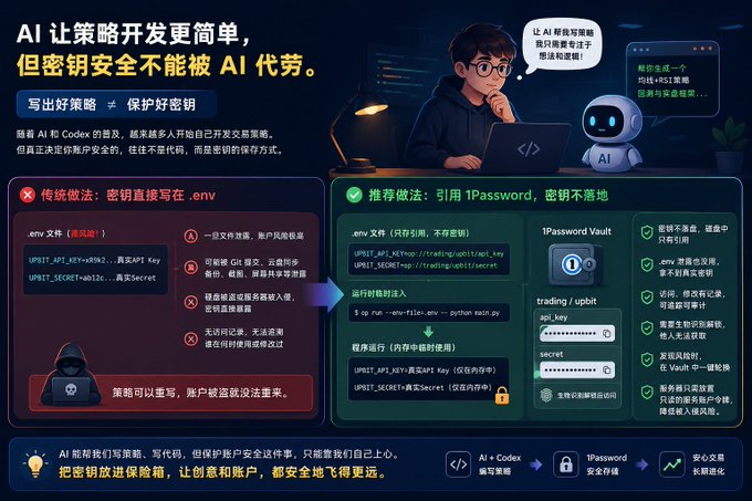 A Chinese-language infographic explaining why storing API keys in .env files is insecure and recommending 1Password for safer secret management.