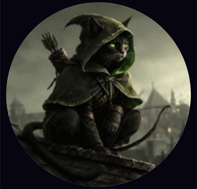 A hooded black cat with glowing green eyes, carrying a quiver of arrows, perches in a vigilant stance atop a stone ledge overlooking a medieval town, embodying the stealthy, predatory hunter described in the accompanying post about $CIH's quiet emergence.