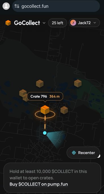 A screenshot of the GoCollect game interface at gocollect.fun, showing a dark map with floating brown crates. One crate is highlighted as 'Crate 796' 364 m away, with a prompt to hold 10,000 $COLLECT in the wallet to open crates.