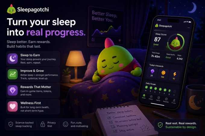 The image features a cartoon green character, likely a frog or a monster, lying down in bed with a cell phone next to them. The text displayed on the cell phone screen reads "Turn your sleep into real progress." This suggests that the character is trying to encourage people to use Sleepagotchi as an app for improving their sleep habits and tracking their progress. The post also mentions consumer crypto, which could be related to the character's ability to earn rewards or points through the app. The image seems to be promoting a connection between technology and personal well-being.
