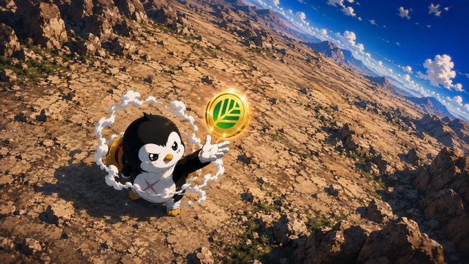 A cartoon penguin character holds a glowing green watermelon coin in a desert landscape with mountains in the background.