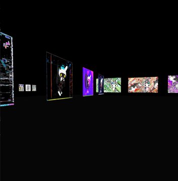 A digital display or projection shows a row of colorful images or screens arranged in perspective against a dark background.