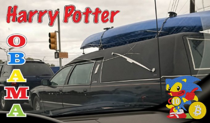 A black hearse is parked on a street, modified with what looks like a broomstick attached to the window; the image has graphics added including the text 'Harry Potter', 'OBAMA' written vertically on the left, and a Sonic the Hedgehog character next to a Bitcoin logo.