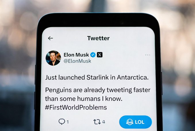 The image shows a smartphone screen displaying a Twitter account from someone named @elonmusk. The account has been created to tweet about the launch of the Starlink satellite, which is set to be launched in Antarctica. The text on the screen reads "Just launched Starlink in Antarctica. Penguins are already tweeting faster than some humans know." This message includes an official LOL reaction button and a reference to @xai's post.