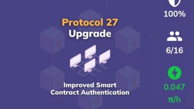 Promotional graphic for 'Protocol 27 Upgrade' highlighting 'Improved Smart Contract Authentication,' with metrics showing 100%, 6/16 users, and a hash rate of 0.047 TV/h on a purple background.