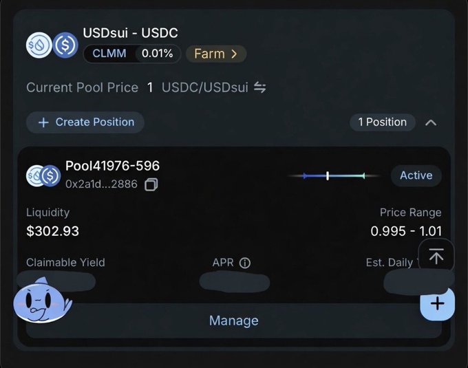 A dark-themed cryptocurrency interface shows a USDsui-USDC liquidity pool with $302.93 liquidity, a 0.995-1.01 price range, and 100% weekly SuperGrok limit usage.