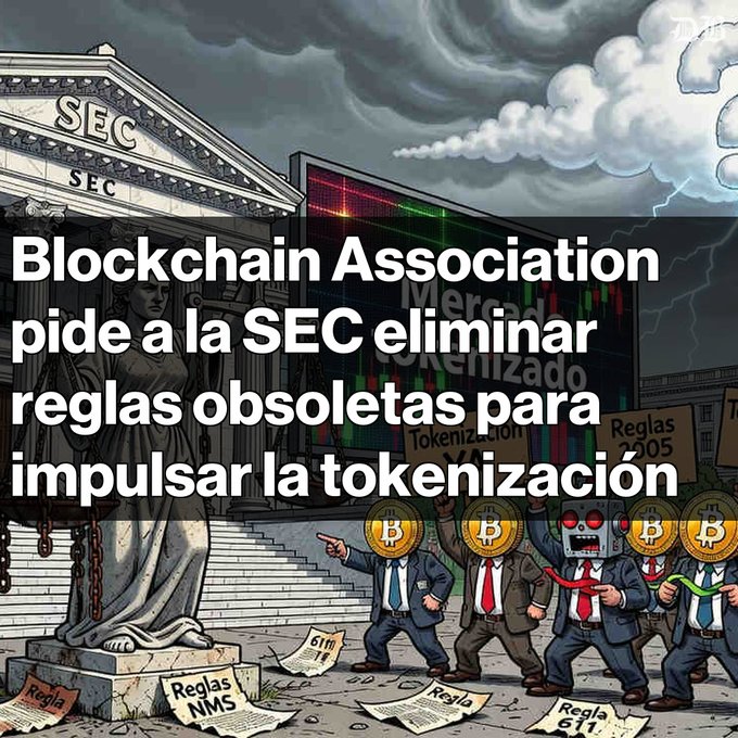 A dark, stormy illustration depicts the SEC building with figures wearing Bitcoin and robot masks holding signs reading "Reglas 611" and "Reglas 605," while scattered papers labeled "Regla NMS," "Tokenización," and "Mercado Tokenizado" lie around them. The Spanish headline reads "Blockchain Association pide a la SEC eliminar reglas obsoletas para impulsar la tokenización," directly illustrating the post's message about the Blockchain Association's push to scrap outdated SEC rules to revolutionize the tokenization market.