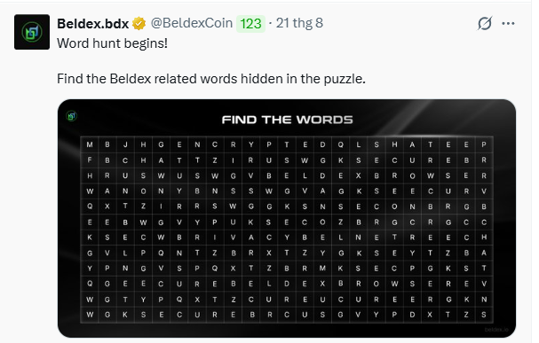 A tweet from Beldex ($BDX) announcing a 'Word hunt begins!' puzzle, featuring a 'FIND THE WORDS' grid with Beldex-related crypto terms hidden inside.