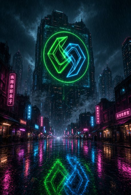 A cyberpunk-style cityscape at night with rain, featuring a large glowing green and blue neon logo on a skyscraper, reflecting on the wet street below amid pink and cyan-lit signs with Asian characters.