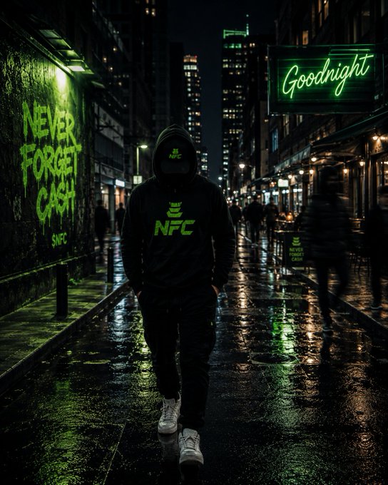 A moody, dark urban street scene at night with wet pavement reflecting neon lights, featuring a hooded figure wearing a black outfit with green 'NFC' logos walking away from the viewer, alongside graffiti reading 'NEVER FORGET CASH' and a 'Goodnight' neon sign.
