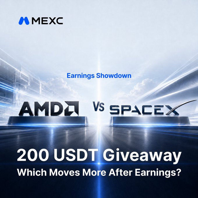 The image is a promotional banner from MEXC featuring an "Earnings Showdown" between AMD and SpaceX (SPCX), offering a 200 USDT giveaway to users who comment their pick on which stock will move more post-earnings, directly matching the post's contest details.