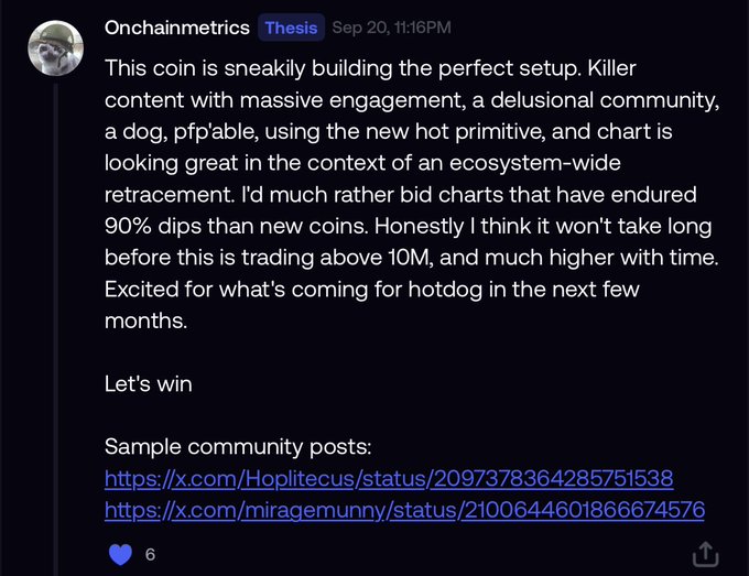 A screenshot of a tweet from Onchainmetrics dated Sep 20 promoting a coin called hotdog, highlighting its content, community, and dog mascot while sharing sample community post links.