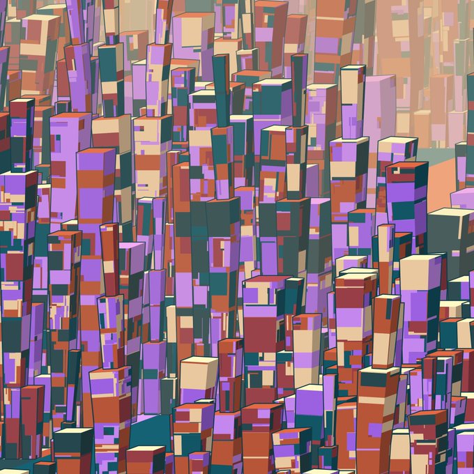 A pixelated, abstract cityscape rendered in blocks of purple, orange, and teal, depicting a dense cluster of skyscrapers and geometric structures that visually evoke the concept of rarity and digital scarcity associated with the accompanying post about a "25th rarest out of 676" collectible.
