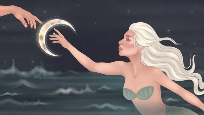 A digital illustration of a white-haired mermaid reaching toward a glowing crescent moon held by a hand emerging from the top left, set over dark ocean waves at night.